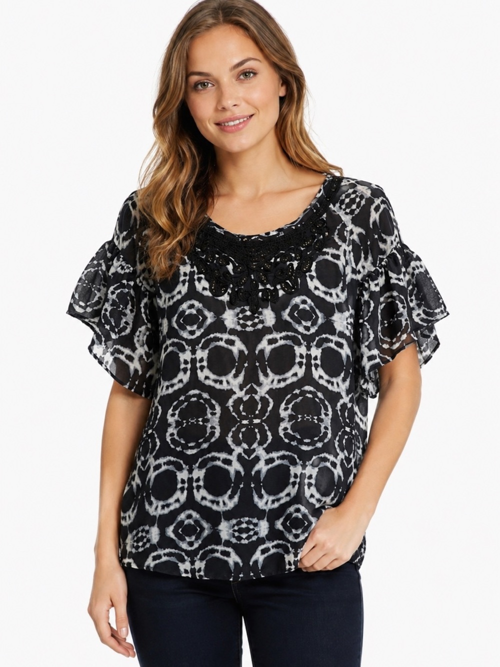 Silk Tie Dye Embroidered Neck Flutter Short Sleeve Black White Blouse by Da-Nang